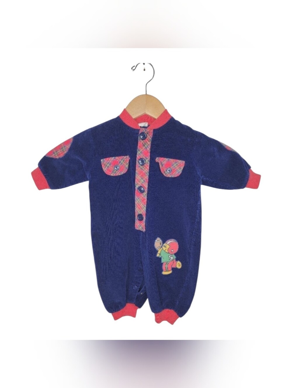 VTG 90s Baby Corduroy Football Romper 3-6M Plaid Preppy One Piece Coverall